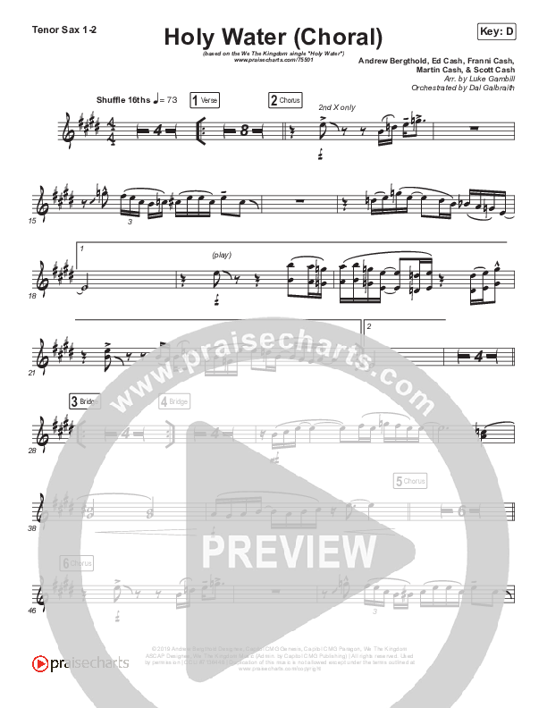 Holy Water (Choral Anthem SATB) Tenor Sax 1/2 (We The Kingdom / Arr. Luke Gambill)