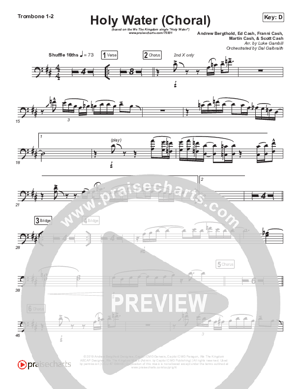 Holy Water (Choral Anthem SATB) Trombone 1/2 (We The Kingdom / Arr. Luke Gambill)