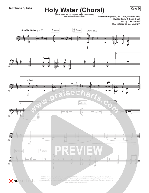Holy Water (Choral Anthem SATB) Trombone 3/Tuba (We The Kingdom / Arr. Luke Gambill)