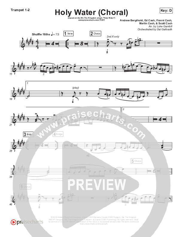 Holy Water (Choral Anthem SATB) Brass Pack (We The Kingdom / Arr. Luke Gambill)