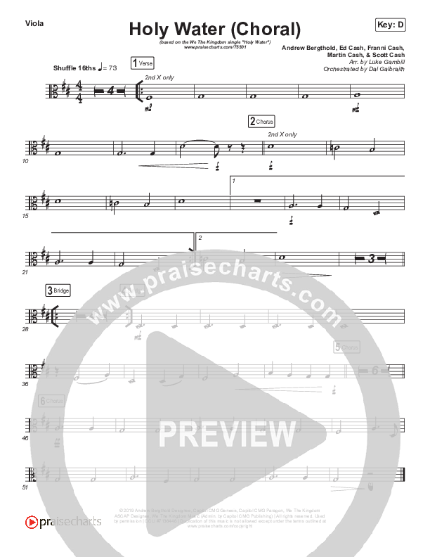 Holy Water (Choral Anthem SATB) Viola (We The Kingdom / Arr. Luke Gambill)