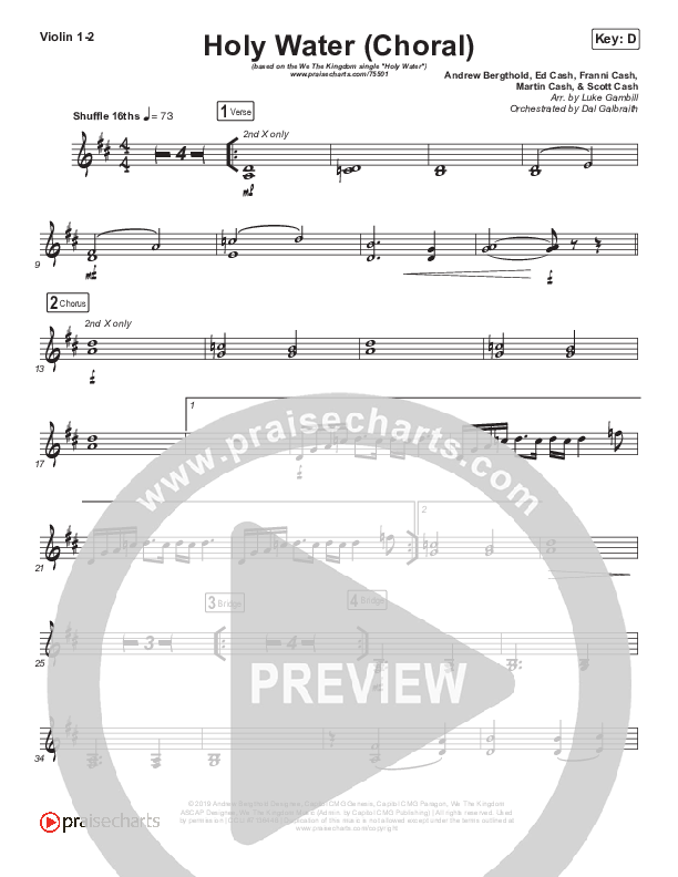 Holy Water (Choral Anthem SATB) Violin 1/2 (We The Kingdom / Arr. Luke Gambill)