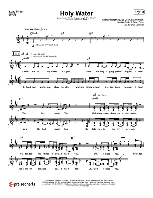 Holy Water (Choral Anthem SATB) Lead Sheet (SAT) (We The Kingdom / Arr. Luke Gambill)