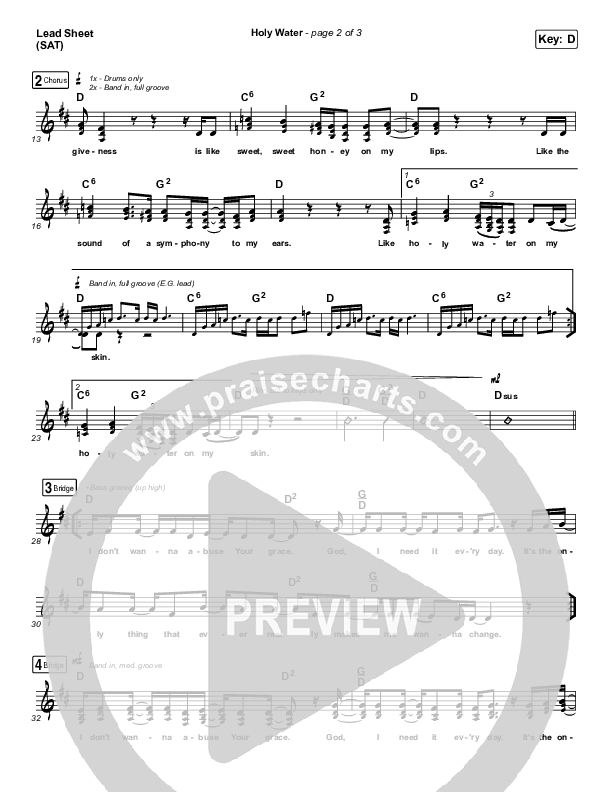 Holy Water (Choral Anthem SATB) Lead Sheet (SAT) (We The Kingdom / Arr. Luke Gambill)