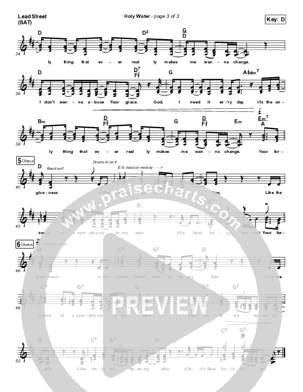 Holy Water (Choral Anthem SATB) Lead Sheet (SAT) (We The Kingdom / Arr. Luke Gambill)