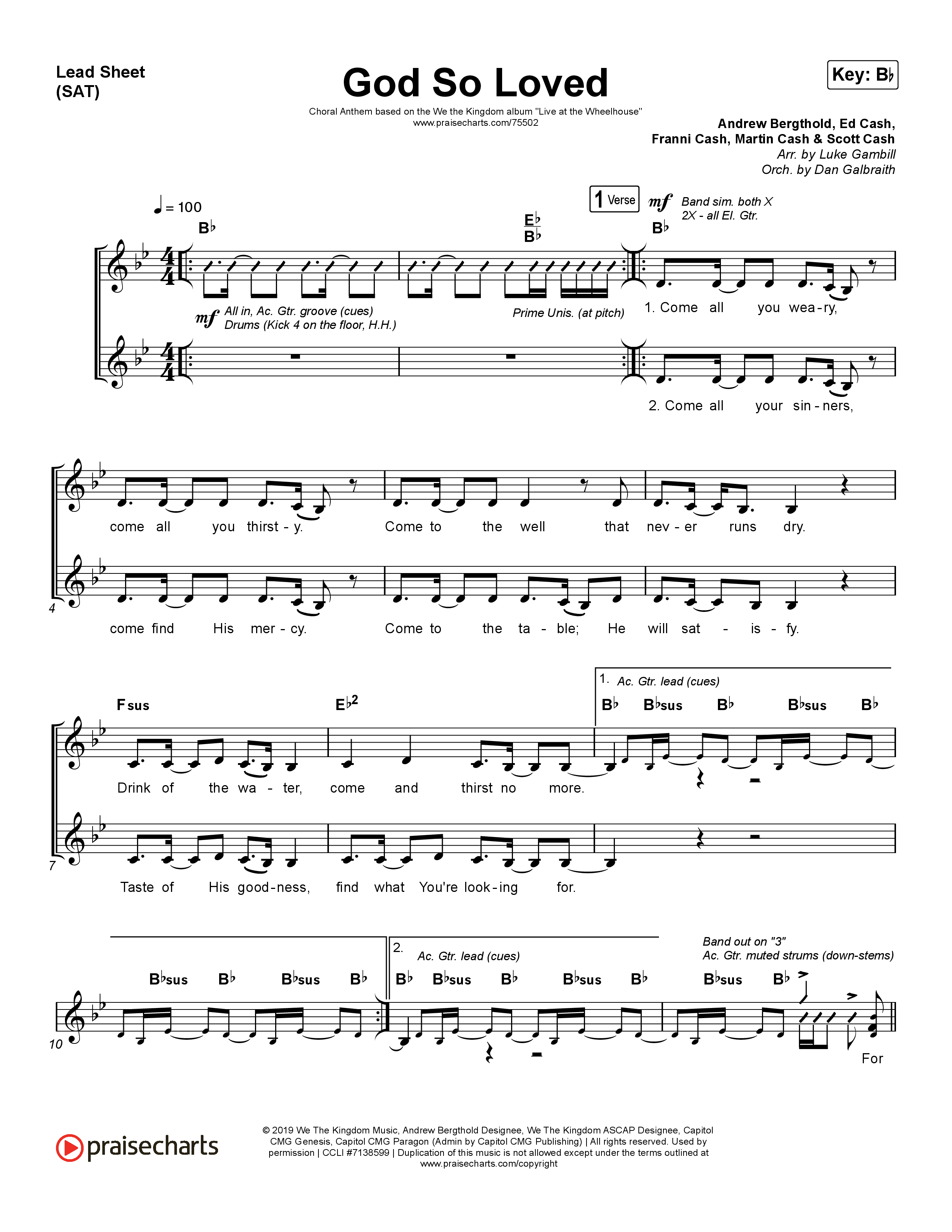 God So Loved (Choral Anthem SATB) Lead Sheet (SAT) (We The Kingdom / Arr. Luke Gambill)