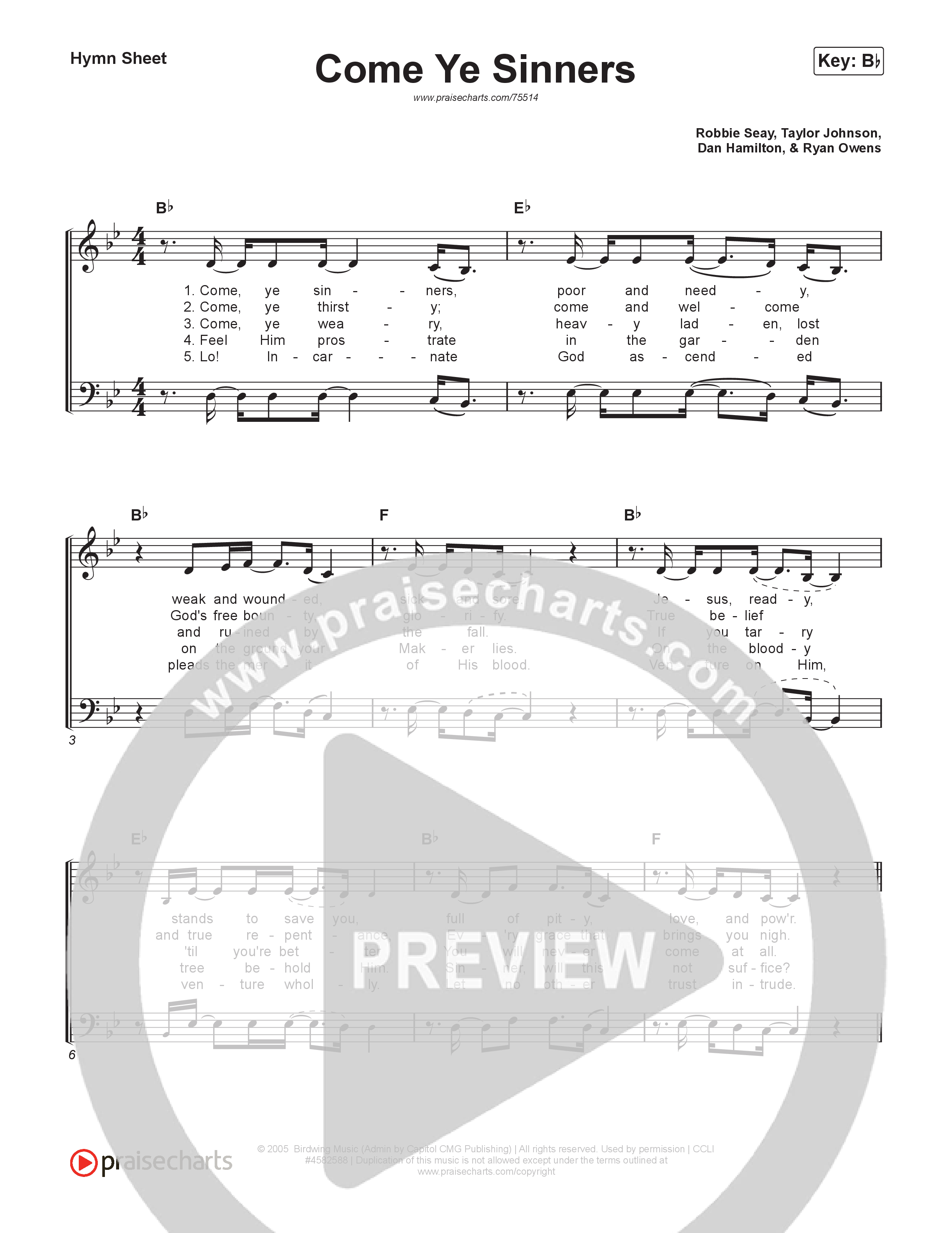 Come Ye Sinners Hymn Sheet (Shane & Shane / The Worship Initiative / Davy Flowers)