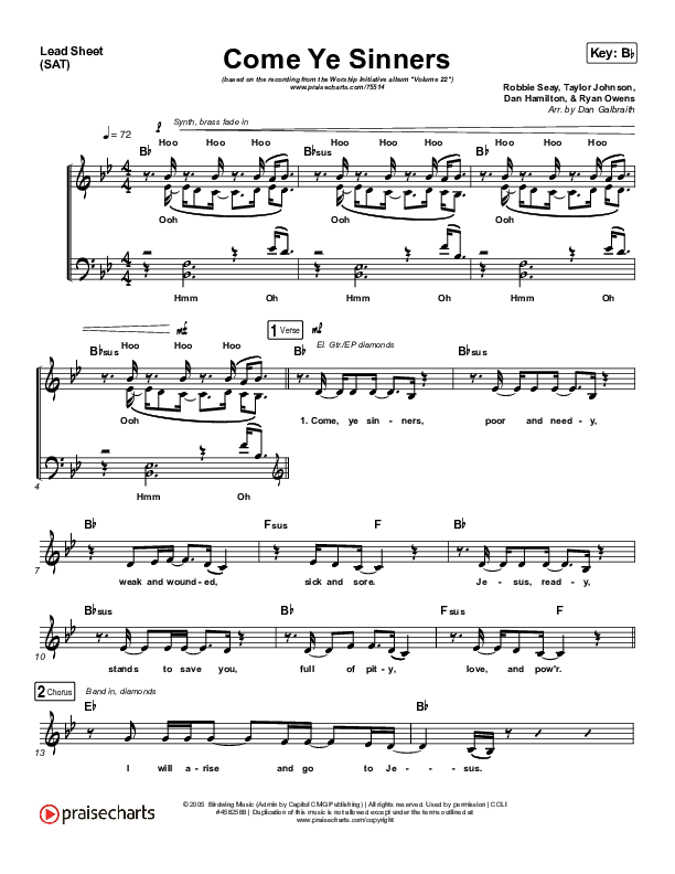 Come Ye Sinners Lead Sheet (SAT) (Shane & Shane / The Worship Initiative / Davy Flowers)