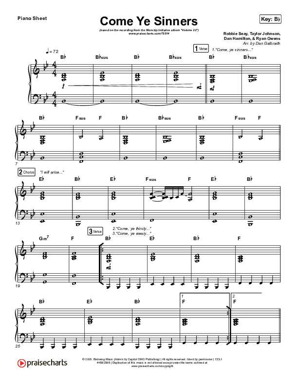 Come Ye Sinners Piano Sheet (Shane & Shane / The Worship Initiative / Davy Flowers)