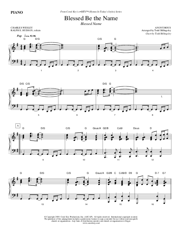 Blessed Be The Name Piano Sheet (Todd Billingsley)