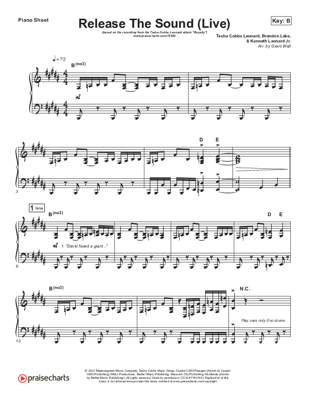 Release The Sound (Live) Piano Sheet (Tasha Cobbs Leonard)