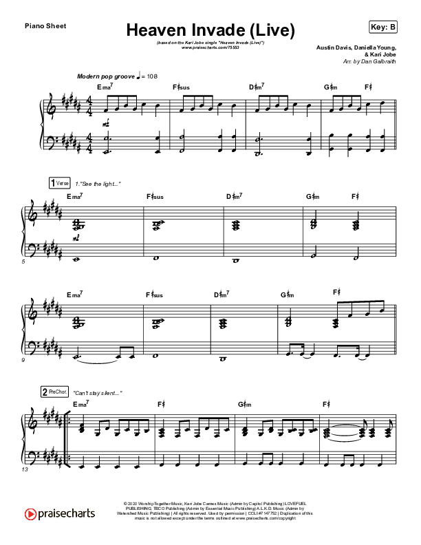 Heaven Invade (Live) Piano Sheet (Kari Jobe)