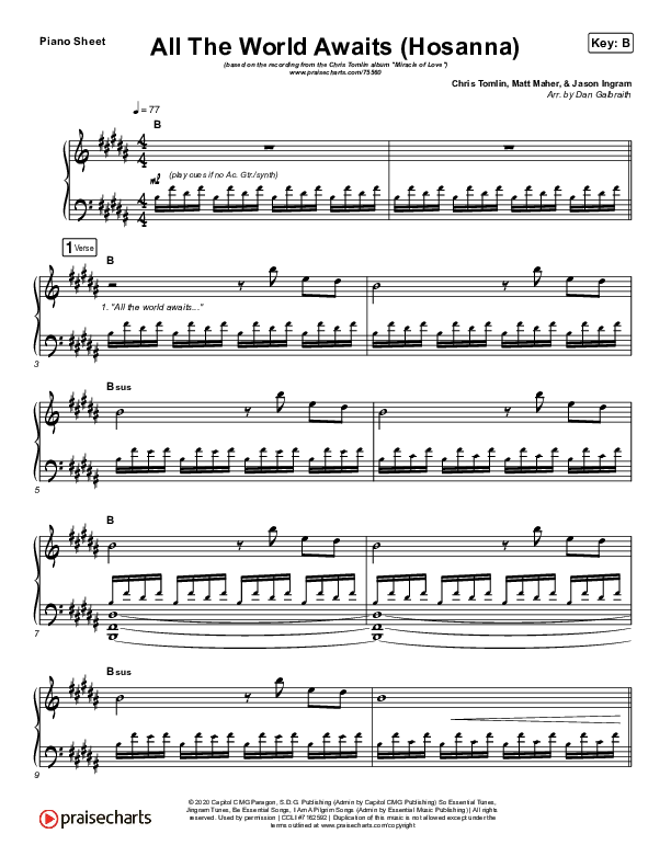 All The World Awaits (Hosanna) Piano Sheet (Chris Tomlin)