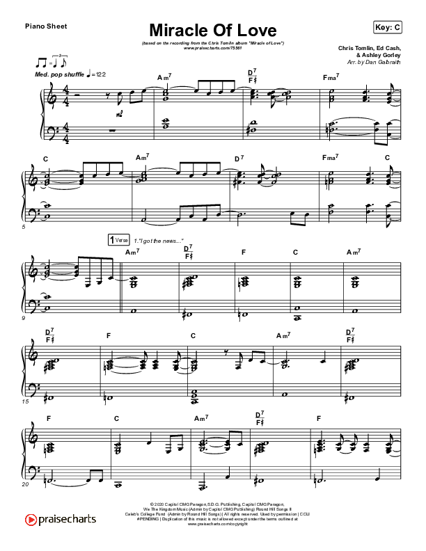 Miracle Of Love Piano Sheet (Chris Tomlin)
