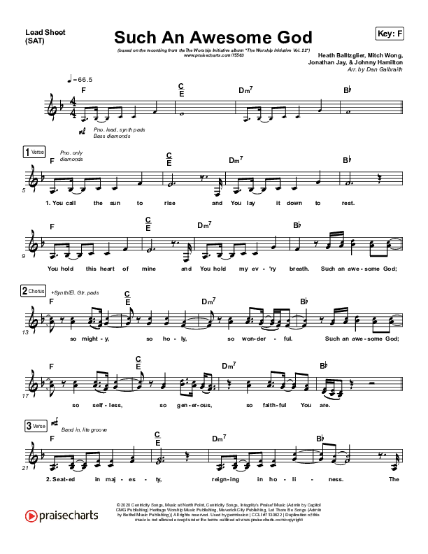 Such An Awesome God Lead Sheet (SAT) (Shane & Shane/The Worship Initiative / Dinah Wright / Davy Flowers)