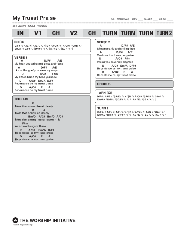 My Truest Praise Chord Chart (Shane & Shane/The Worship Initiative)