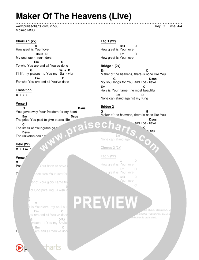 Maker Of The Heavens (Live) Chords & Lyrics (Mosaic MSC)