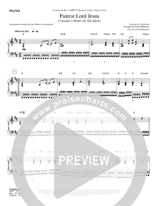 Fairest Lord Jesus Piano Sheet (Todd Billingsley)