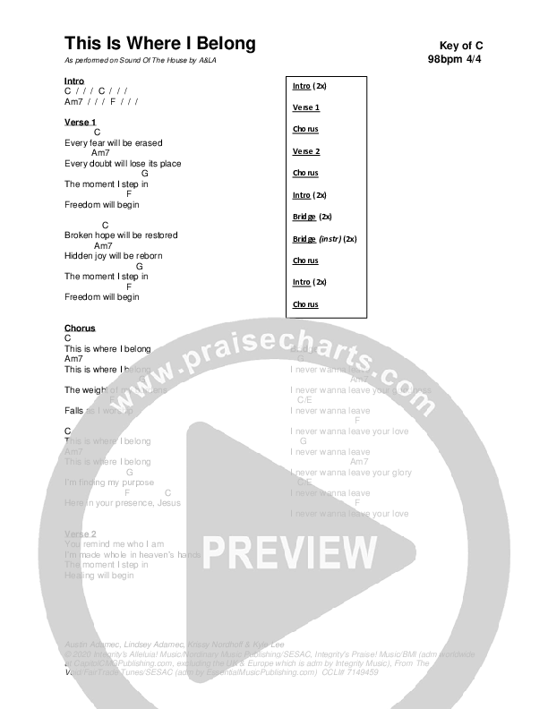 This Is Where I Belong (Live) Chord Chart (Austin & Lindsey Adamec)