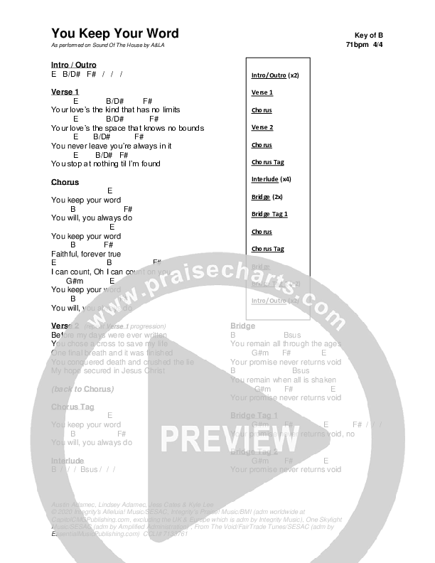 You Keep Your Word (Live) Chord Chart (Austin & Lindsey Adamec)