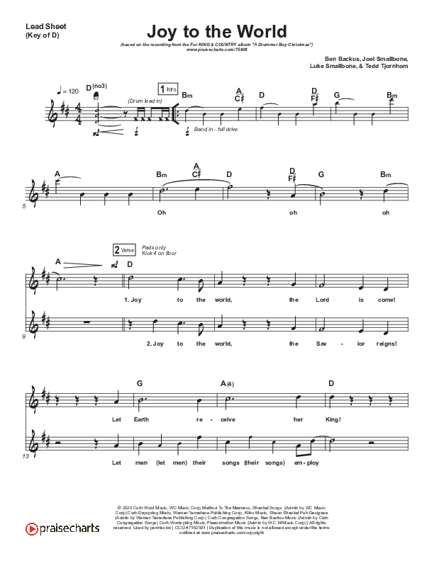 Joy To The World Lead Sheet (Melody) (for KING & COUNTRY)