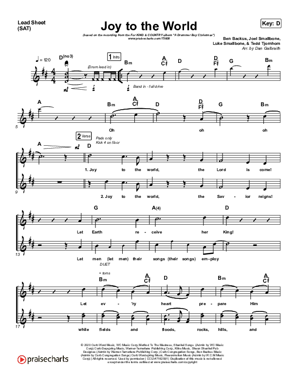 Joy To The World Lead Sheet (SAT) (for KING & COUNTRY)