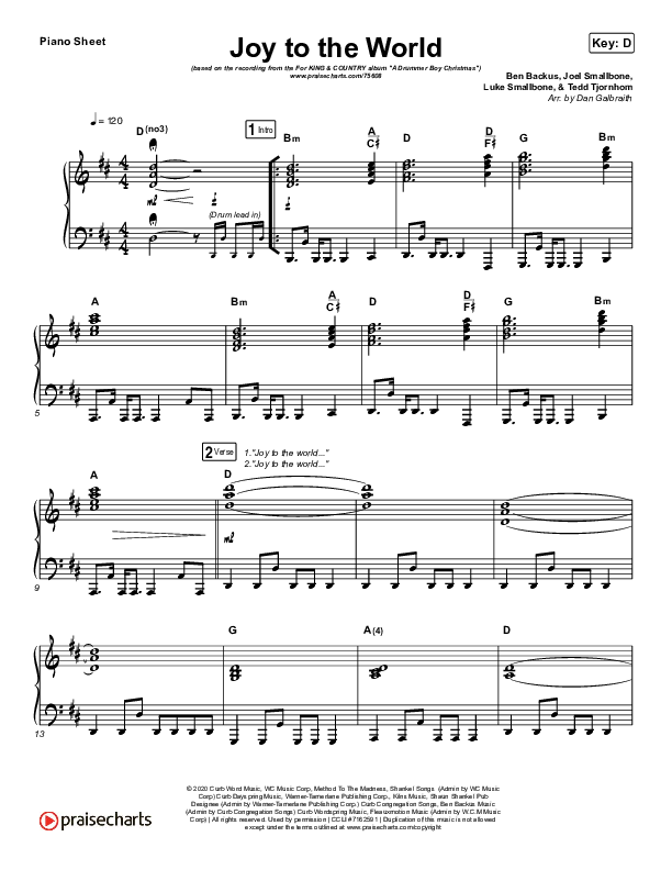 Joy To The World Piano Sheet (for KING & COUNTRY)