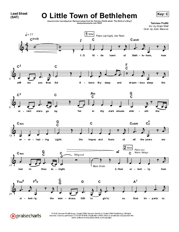 O Little Town Of Bethlehem Lead Sheet (SAT) (Tommee Profitt / Rachael Lampa)
