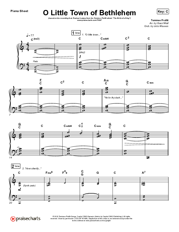 O Little Town Of Bethlehem Piano Sheet (Tommee Profitt / Rachael Lampa)