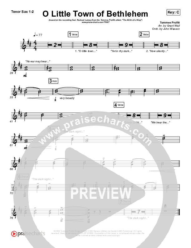 O Little Town Of Bethlehem Tenor Sax 1/2 (Tommee Profitt / Rachael Lampa)