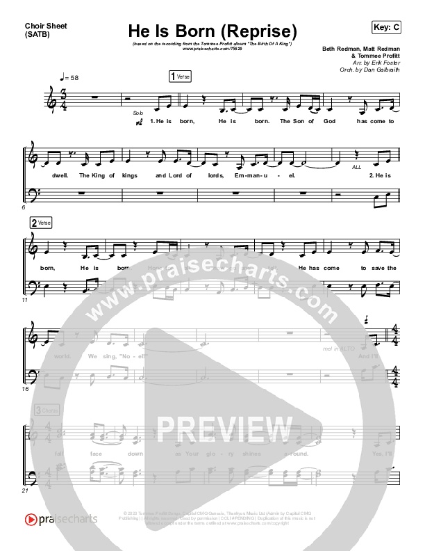 He Is Born (Reprise) Choir Sheet (SATB) (Tommee Profitt / Chris Tomlin)