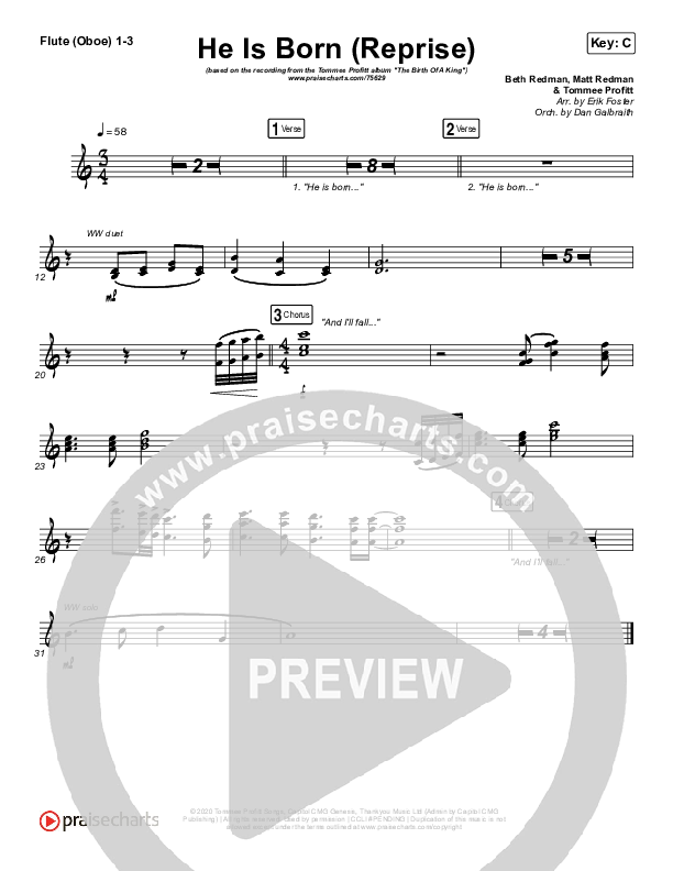 He Is Born (Reprise) Flute/Oboe 1/2/3 (Tommee Profitt / Chris Tomlin / Fleurie)