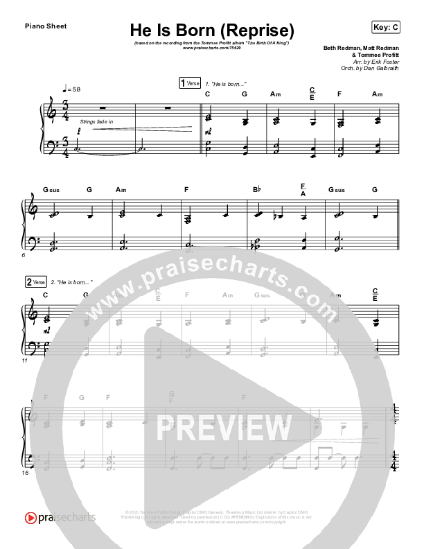 He Is Born (Reprise) Piano Sheet (Tommee Profitt / Chris Tomlin)