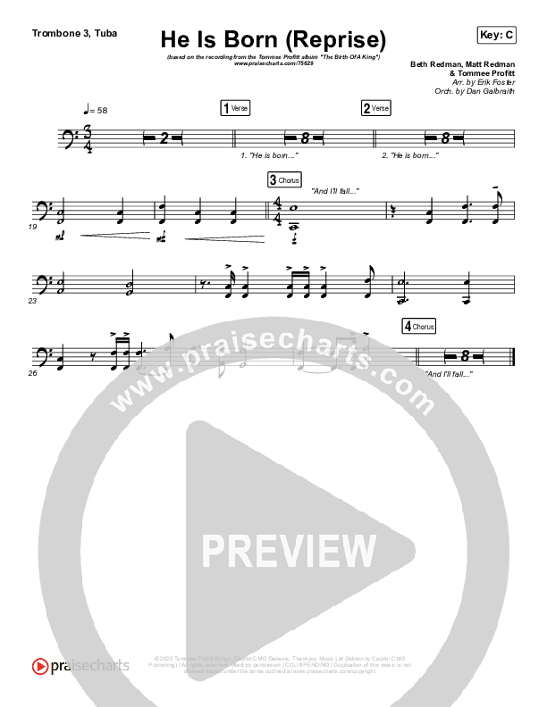 He Is Born (Reprise) Trombone 3/Tuba (Tommee Profitt / Chris Tomlin / Fleurie)