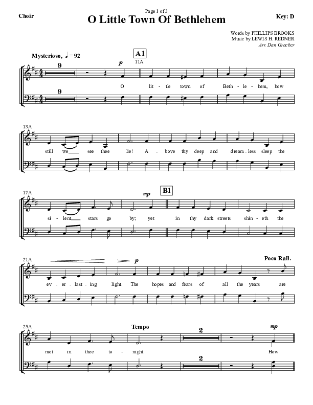 O little Town Of Bethlehem Choir Vocals (SATB) (Dan Graeber)