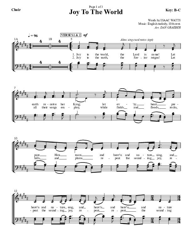 Joy To The World Choir Sheet (SATB) (Dan Graeber)
