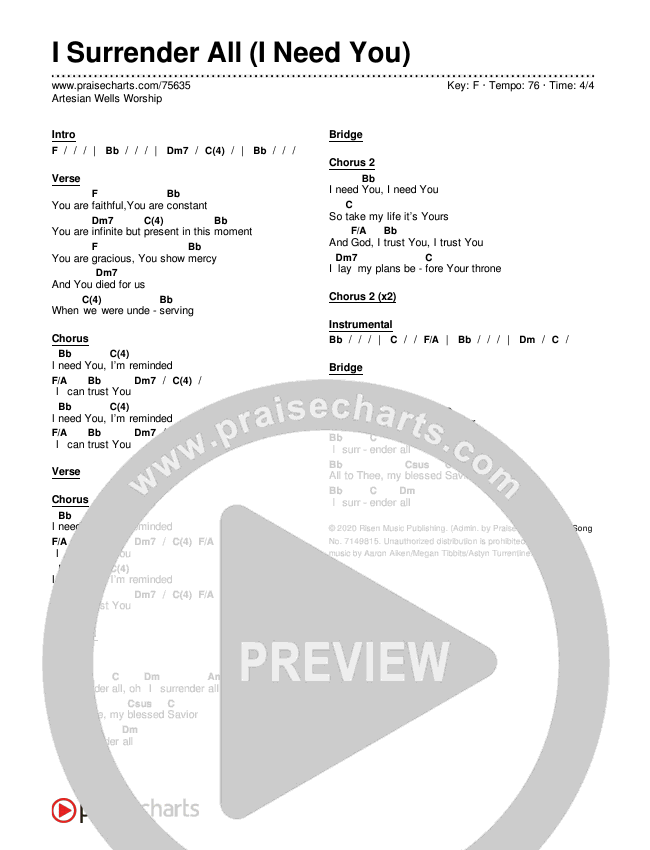 I Surrender All (I Need You) Chord Chart (Artesian Wells Worship)