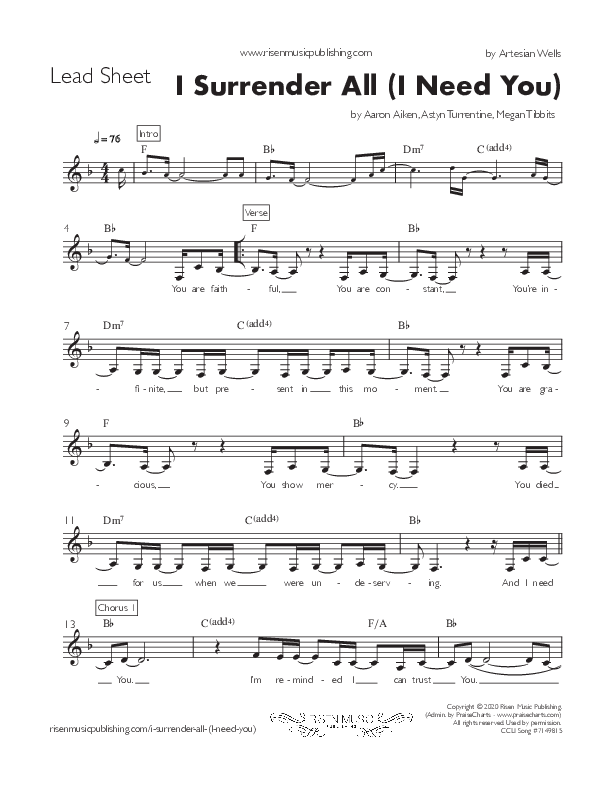 I Surrender All (I Need You) Lead Sheet (Artesian Wells Worship)