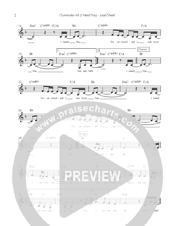 I Surrender All (I Need You) Lead Sheet (Artesian Wells Worship)