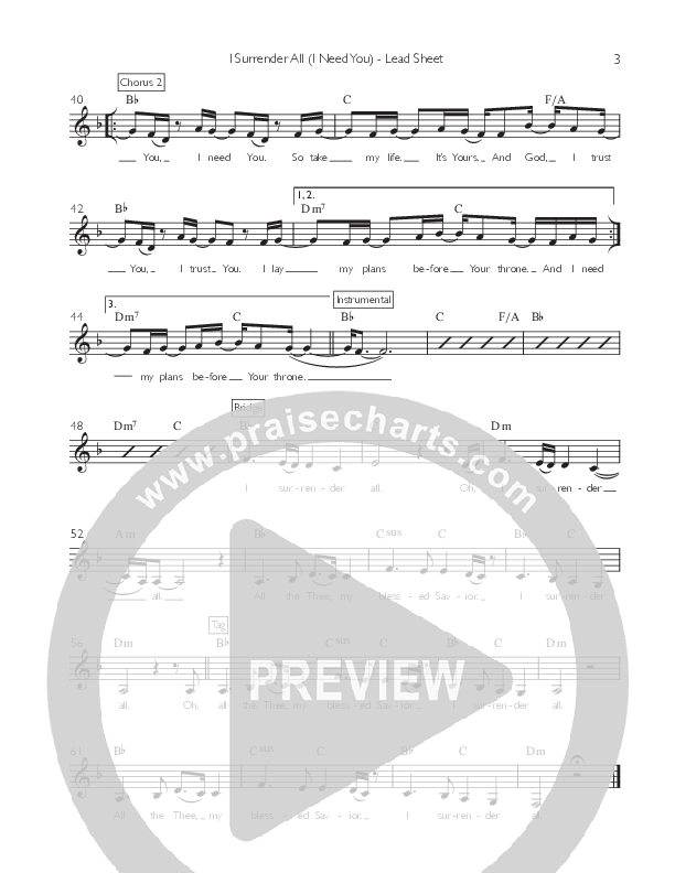 I Surrender All (I Need You) Lead Sheet (Artesian Wells Worship)
