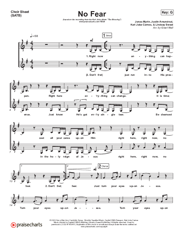No Fear Choir Sheet (SATB) (Kari Jobe)