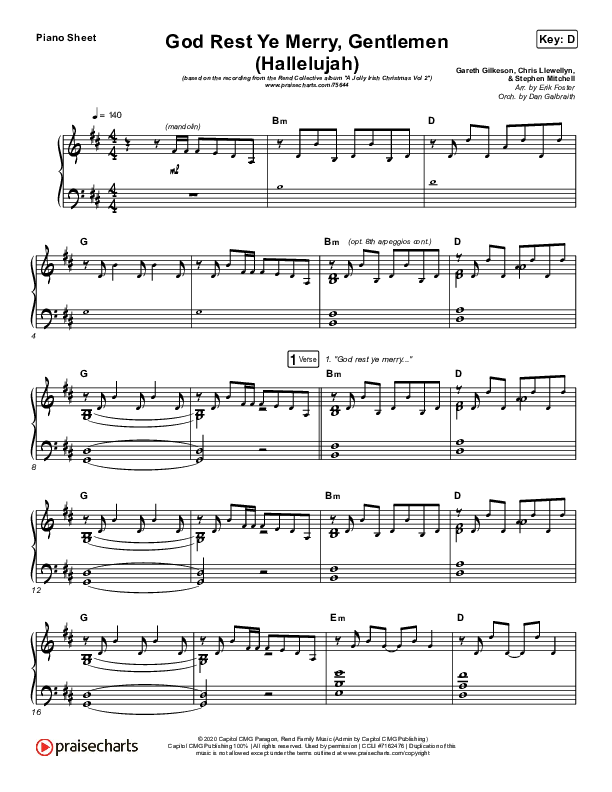 God Rest Ye Merry Gentlemen (Hallelujah) Piano Sheet (Rend Collective / We The Kingdom)