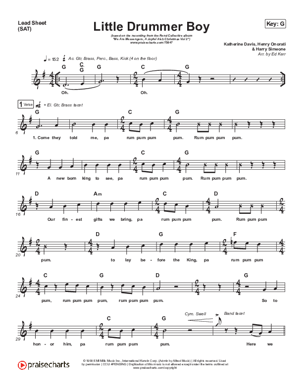 Little Drummer Boy Lead Sheet (SAT) (Rend Collective / We Are Messengers)