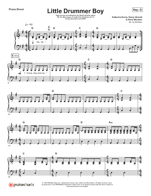Little Drummer Boy Piano Sheet (Rend Collective / We Are Messengers)