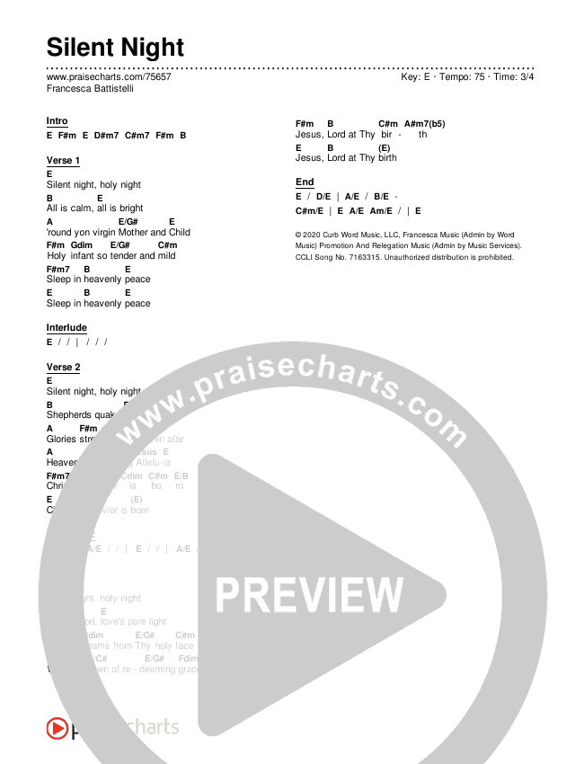 Silent Night Chords & Lyrics (Francesca Battistelli)