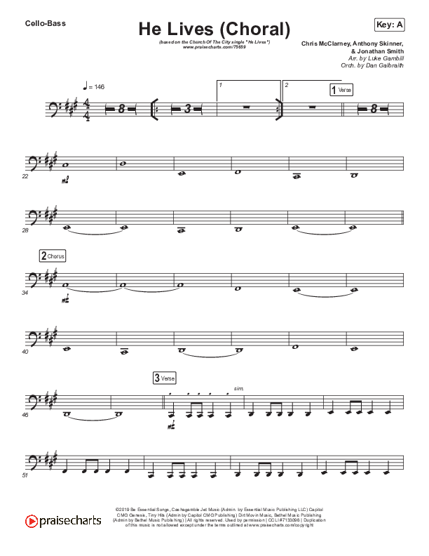 He Lives (Choral Anthem SATB) Cello/Bass (Church Of The City / Arr. Luke Gambill)