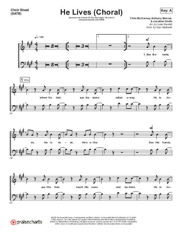 He Lives (Choral Anthem SATB) Choir Sheet (SATB) (Church Of The City / Arr. Luke Gambill)