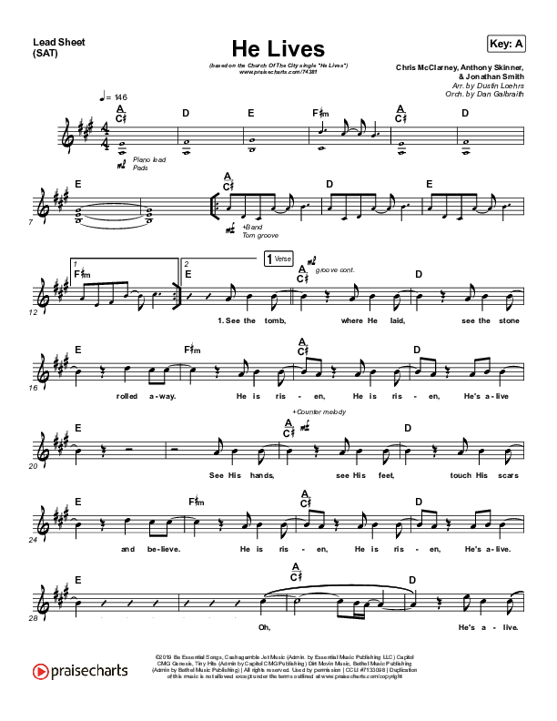 He Lives (Choral Anthem SATB) Lead Sheet (SAT) (Church Of The City / Arr. Luke Gambill)
