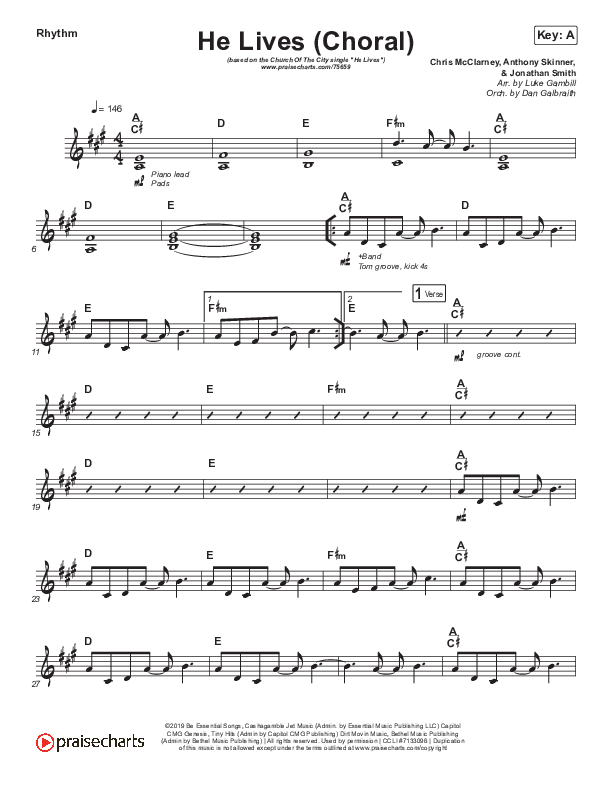 He Lives (Choral Anthem SATB) Rhythm Chart (Church Of The City / Arr. Luke Gambill)