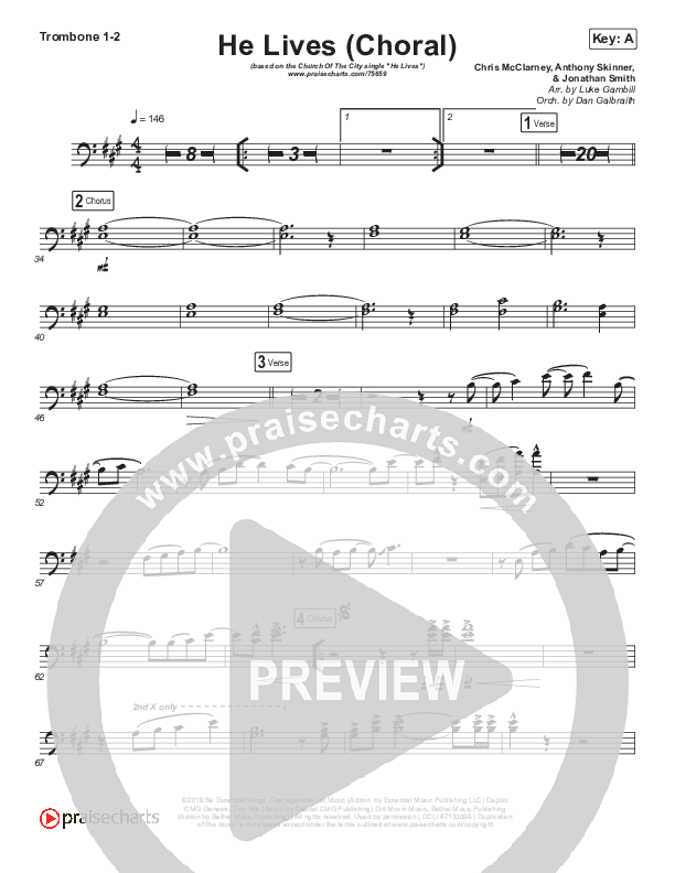 He Lives (Choral Anthem SATB) Trombone 1/2 (Church Of The City / Arr. Luke Gambill)